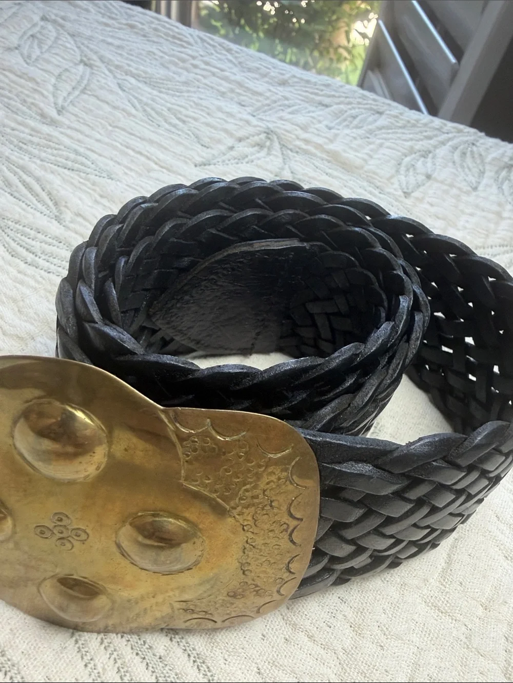 Vintage Woven Black Leather Belt with Brass Skull Buckle